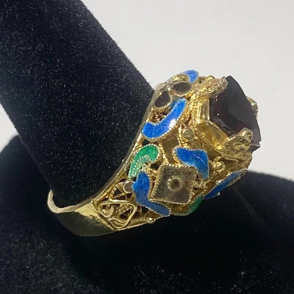 Barbara Garwood Garnet Ring Collectable Mongolian Art 14K over Silver